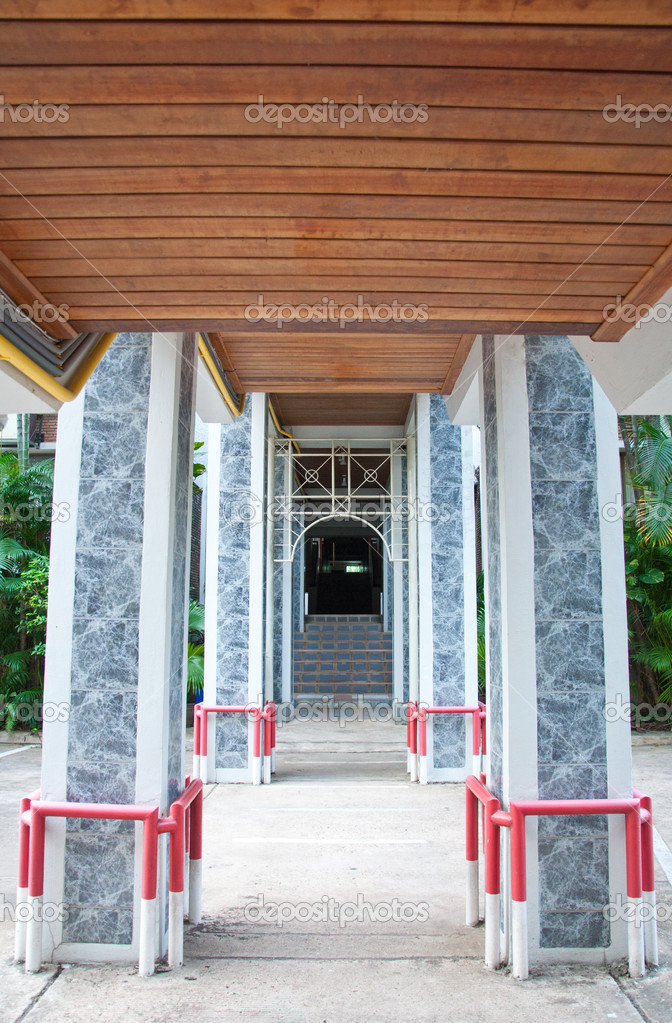 Outdoor Corridor With Wooden Ceiling Stock Photo