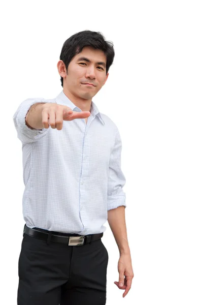 Un hombre asiático señala su mano como producto presente — Foto de Stock