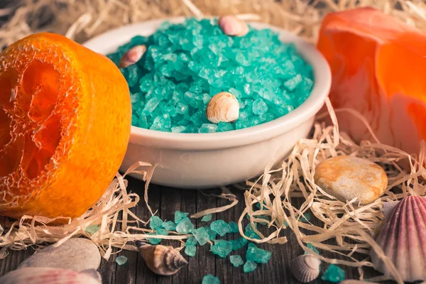 Set of spa accessories. Sea salt with hand made aromatic orange soap. — Stock Photo, Image