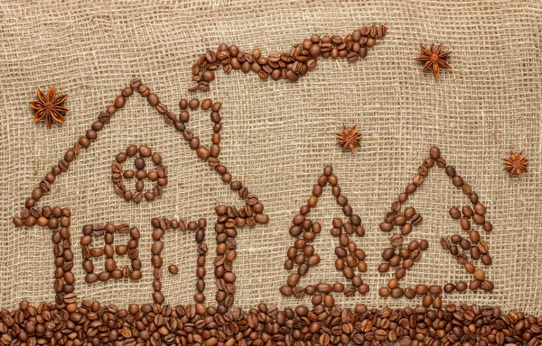 House and Christmas tree made from coffee beans. — Stock Photo, Image