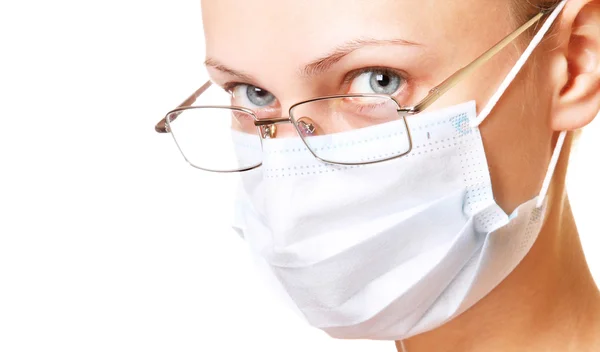 Female doctor portrait in mask over white — Stock Photo, Image