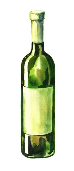 Watercolour illustration of green wine bottle — Stock Photo, Image