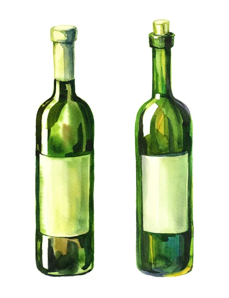 Watercolour illustration of 2 green wine bottle — Stock Photo, Image