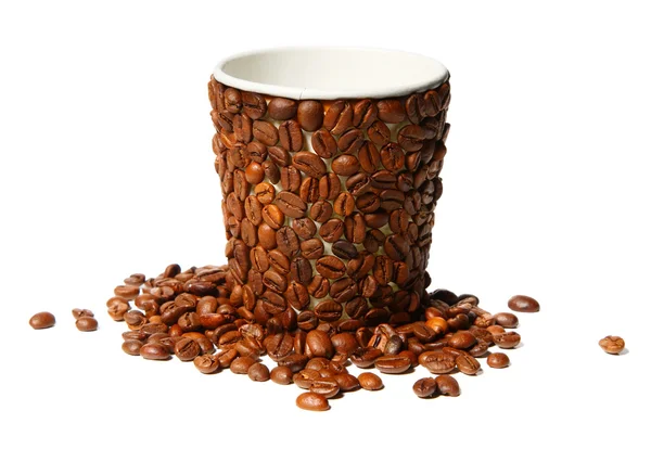 Paper cup covered with coffee beans — Stock Photo, Image