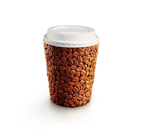 Concept image of paper cup covered with coffee beans on white — Stock Photo, Image