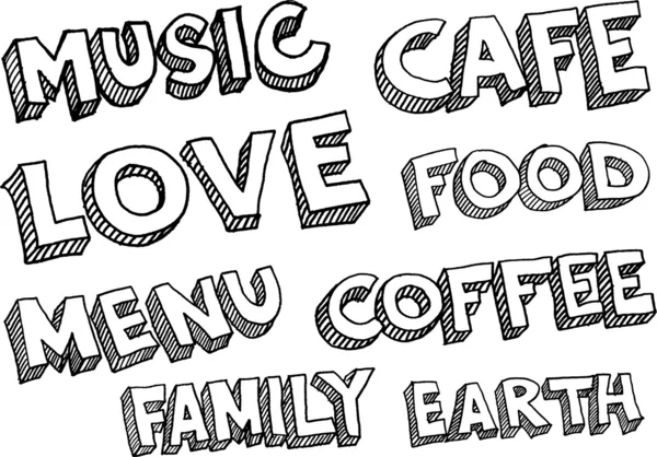 Kelimeler müzik, Cafe, aşk, gıda, menü, kahve, Aile, dünya — Stok Vektör