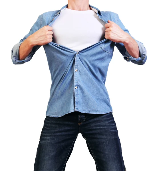 Człowiek Oberwanie koszulę — Zdjęcie stockowe