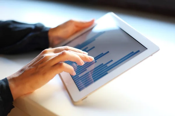 Image of human hand pointing at touchscreen with business graph — Stock Photo, Image