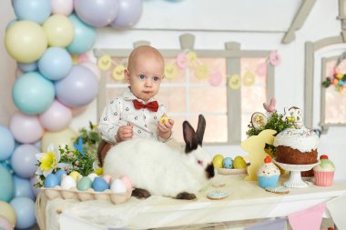 happy easter. happy funny boy playing with Easter bunny.