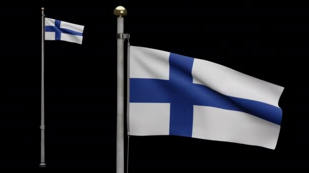 3Dイラスト風になびくアルファ フィンランドの旗 フィンランドのバナーを吹いて 柔らかく滑らかな絹 布生地の質感が背景を刻印 ナショナルデーや国の機会の概念のためにそれを使用する — ストック動画