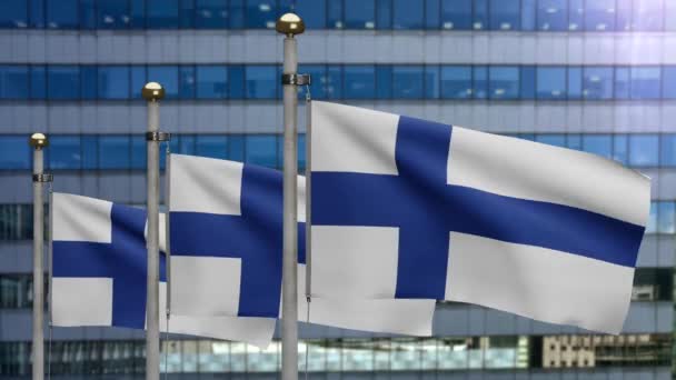 Finländsk Flagga Viftar Vinden Med Modern Skyskrapa Stad Finland Fana — Stockvideo