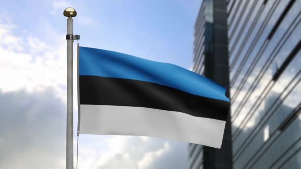 Estońska Flaga Machająca Wietrze Nowoczesnym Miastem Drapaczy Chmur Zbliżenie Estonii — Wideo stockowe