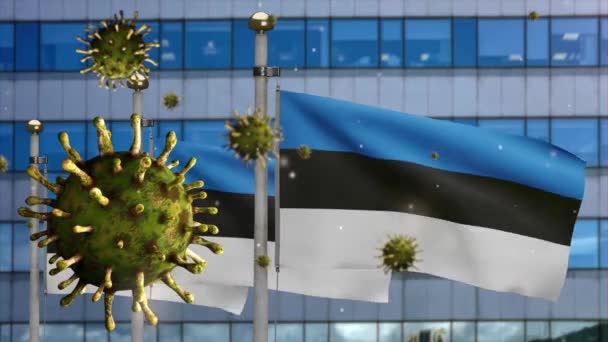 Flu Coronavirus Flotando Sobre Bandera Estonia Con Ciudad Rascacielos Modernos — Vídeo de stock