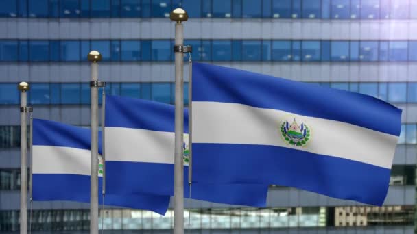 Сальвадорський Прапор Розмахує Вітром Сучасним Містом Хмарочосів Банер Сальвадору Підірвав — стокове відео