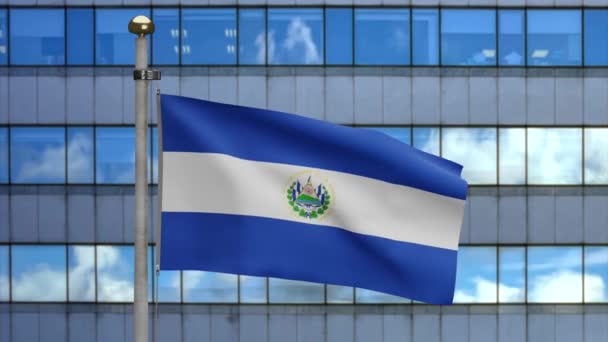 Сальвадорський Прапор Розмахує Вітром Сучасним Містом Хмарочосів Закріплений Банер Сальвадора — стокове відео