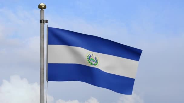 Сальвадорський Прапор Розмахує Вітром Блакитним Небом Хмарами Закріплений Банер Сальвадора — стокове відео