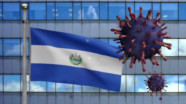 Salvadoraanse Vlag Zwaaiend Met Moderne Wolkenkrabber Stad Coronavirus Uitbraak Als — Stockvideo