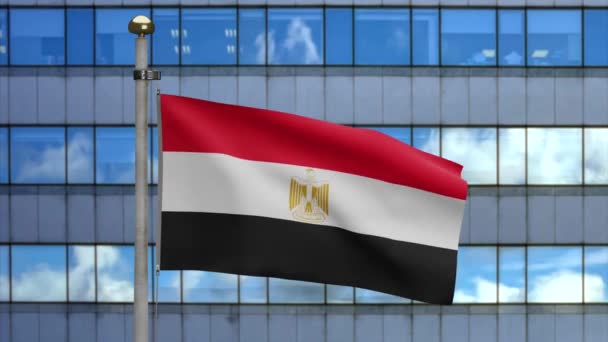 埃及国旗迎风飘扬 伴随着现代摩天大楼的城市 靠近埃及的横幅飘扬 柔滑柔滑的丝绸 布匹织物质感标志背景 — 图库视频影像