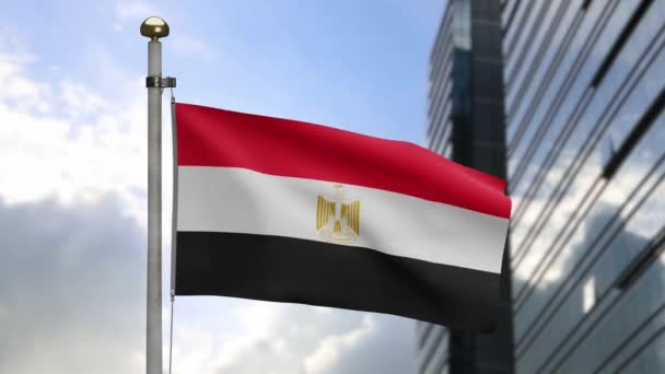 Египетский Флаг Машущий Ветру Современным Небоскребом Города Закрыть Египетское Знамя — стоковое видео