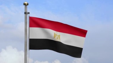 3D, Mısır bayrağı mavi gökyüzü ve bulutlarla rüzgarda dalgalanıyor. Mısır afişi pürüzsüz ipek gibi. Kumaş kumaş dokusu, Asteğmen. Ulusal gün ve ülke etkinlikleri konsepti için kullan..