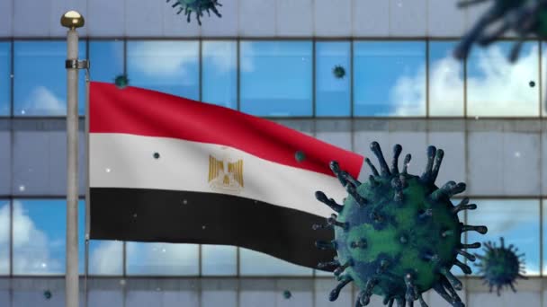 埃及国旗飘扬与现代摩天大楼城市和科罗纳维斯2019 Ncov概念 在埃及爆发的亚洲疫情中 Coronaviruses Influenza是一种危险的流感病毒株 如流感大流行 — 图库视频影像