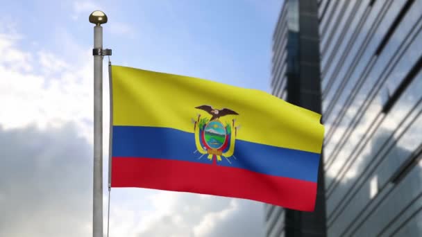 Bandera Ecuatoriana Ondeando Viento Con Moderna Ciudad Rascacielos Banner Ecuador — Vídeo de stock