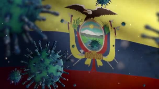 Коронавирус Гриппа Плавающий Над Флагом Эквадора Патоген Который Атакует Дыхательные — стоковое видео