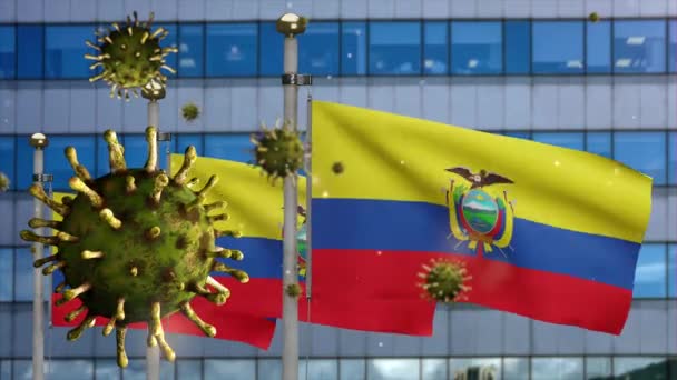 Influensa Coronavirus Som Svävar Över Ecuadors Flagga Med Modern Skyskrapa — Stockvideo