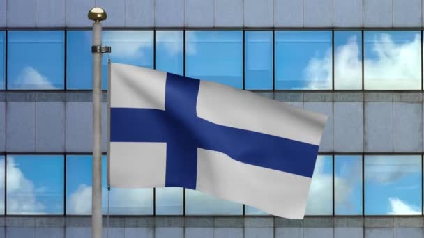 Bandeira Finlândia Acenando Vento Com Moderna Cidade Arranha Céus Bandeira — Vídeo de Stock