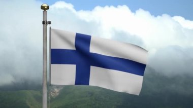 3D, Finlandiya bayrağı dağda rüzgarda dalgalanıyor. Finlandiya afişi yumuşak ipek gibi esiyor. Kumaş kumaş dokusu, Asteğmen. Ulusal gün ve ülke etkinlikleri konsepti için kullan..