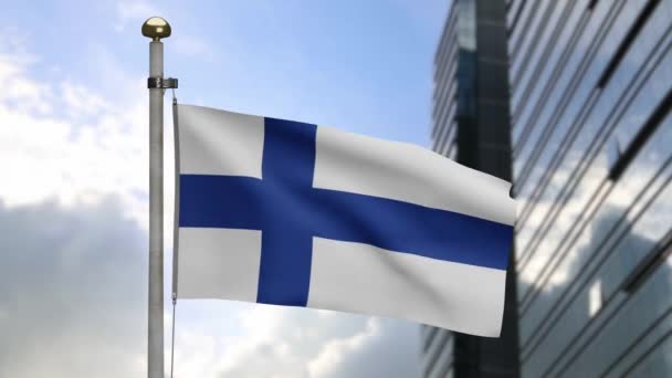 Finlandian Flag Vinker Med Vinden Med Moderne Skyskraper Nær Finlands – stockvideo