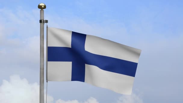 Finländsk Flagga Viftar Vinden Med Blå Himmel Och Moln Närbild — Stockvideo