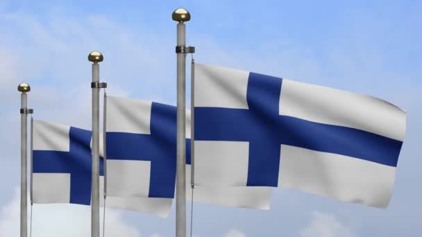Finlandian Flag Vinker Vinden Med Blå Himmel Skyer Finsk Banner – stockvideo