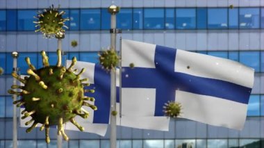 3D, Finlandiya bayrağının üzerinde modern gökdelen şehri ile birlikte grip koronavirüsü yüzüyor. Finlandiya pankartı Covid19 virüs enfeksiyonu konseptiyle sallanıyor. Gerçek kumaş dokusu Asteğmen