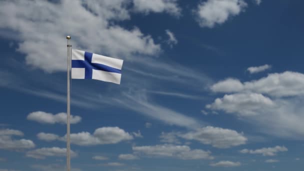 Finlandian Flag Vinker Vinden Med Blå Himmel Skyer Nær Finlands – stockvideo