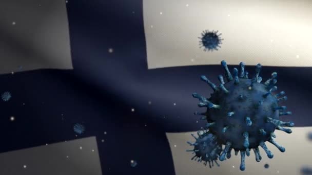 Flu Coronavirus Floating Finlandian Flag Pathogen Attacks Respiratory Tract Finland — Stock Video