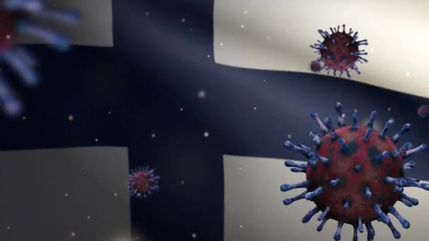 Finländsk Flagga Viftar Med Coronavirus Utbrott Infektera Andningsorganen Farlig Influensa — Stockvideo