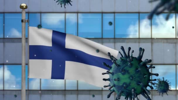 Bandeira Finlândia Acenando Com Moderna Cidade Arranha Céus Surto Coronavírus — Vídeo de Stock