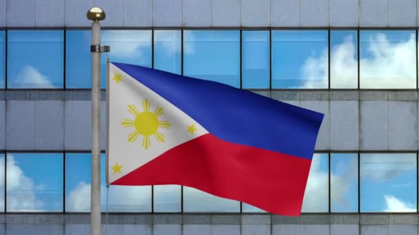 菲律宾国旗迎风飘扬与现代摩天大楼的城市 紧贴菲律宾国旗 柔滑柔滑的丝绸 布匹织物质感标志背景 — 图库视频影像
