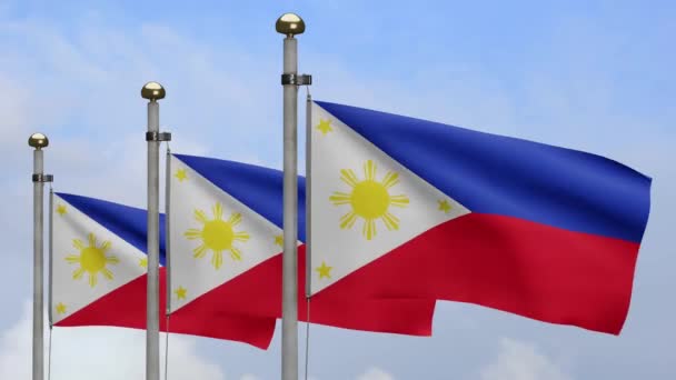 フィリピンの旗は青い空と雲で風に振っています 滑らかな絹を吹くフィリピンの旗 布生地の質感が背景を刻印 ナショナルデーや国の機会の概念のためにそれを使用する — ストック動画
