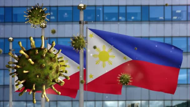 現代の超高層ビル街とフィリピンの旗の上に浮かんでいるインフルエンザのコロナウイルス フィリピンのバナーは Covid19ウイルス感染の概念のパンデミックに手を振る 本物の生地の質感のサイン — ストック動画