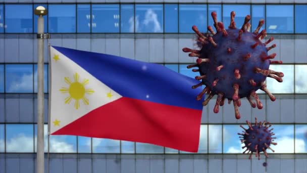 Drapeau Philippin Agitant Avec Ville Gratte Ciel Moderne Épidémie Coronavirus — Video