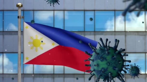 フィリピンの旗は 現代の超高層ビル街とコロナウイルス2019のコンセプトで手を振っています フィリピンでのアジアの流行 大流行としての危険なインフルエンザ株の例としてのコロナウイルスインフルエンザ — ストック動画