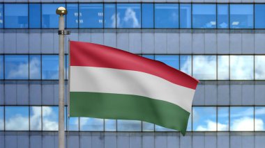 3D, Macar bayrağı modern gökdelen şehrinde rüzgarda dalgalanıyor. Macaristan bayrağını yakın çekin, yumuşak ve pürüzsüz ipek. Kumaş kumaş dokusu Asteğmen arkaplan.
