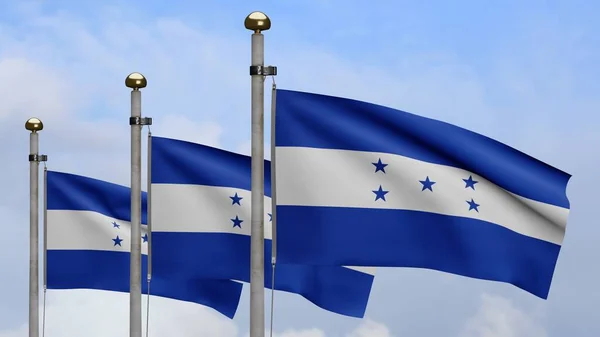 Гондураський Прапор Розмахує Вітром Блакитним Небом Хмарами Закріплений Банер Гондурасу — стокове фото