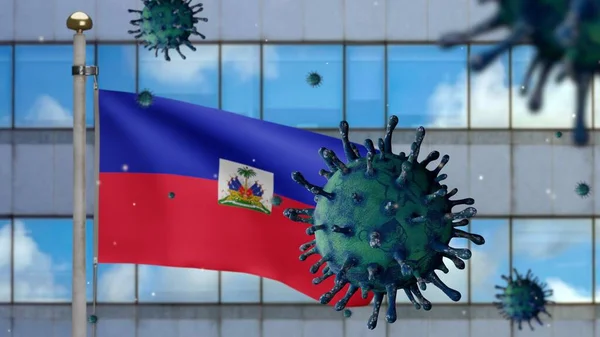 Bendera Haiti Melambaikan Tangan Dengan Kota Pencakar Langit Modern Dan — Stok Foto