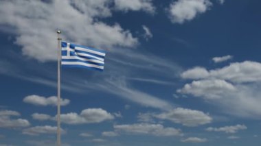 3D, mavi gökyüzü ve bulutlarla rüzgarda dalgalanan Yunan bayrağı. Yunanistan afişini yakın çekin, yumuşak ve pürüzsüz ipek. Kumaş kumaş dokusu Asteğmen arkaplan.