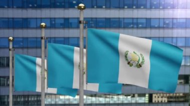 3D, Guatemala bayrağı modern gökdelen şehrinde rüzgarda dalgalanıyor. Guatemala afişi, yumuşak ve pürüzsüz ipek. Kumaş kumaş dokusu, Asteğmen. Ulusal gün ve ülke etkinlikleri kavramı.