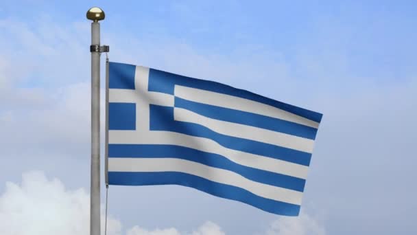 Bandera Griega Ondeando Viento Con Cielo Azul Nubes Primer Plano — Vídeos de Stock