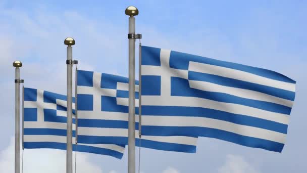 Греческий Флаг Машущий Ветру Голубым Небом Облаками Греция Баннер Дует — стоковое видео